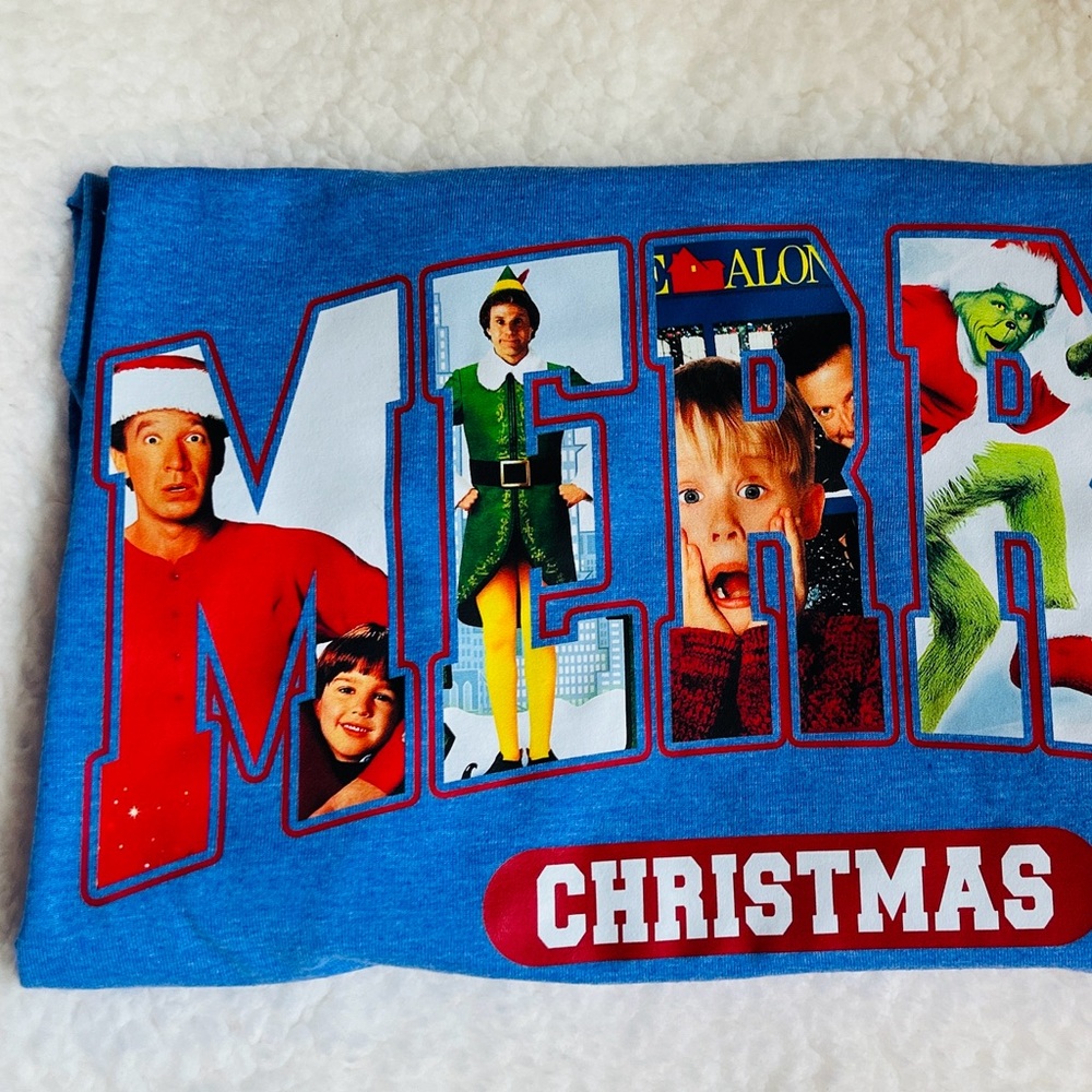 Blue Merry Christmas Graphic T-Shirt - Picture 2 of 3